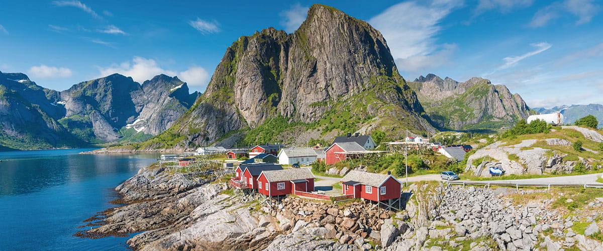 Red fishing houses on Leknes, Lofoton Islands, Norway